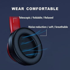 A close-up of a red and black over-ear headphone featuring a foldable design and breathable ear pads.