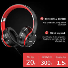 Lenovo over-ear wireless headphones in black and red with technical specifications displayed.
