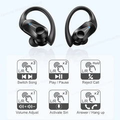 Lenovo LP75 wireless sport earphones with a touch control guide showing various tap gestures.