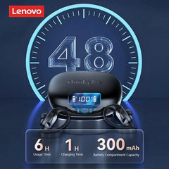 Lenovo LP75 wireless earbuds with a charging case featuring an LED battery display.