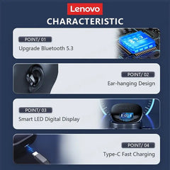 Lenovo wireless earphones featuring Bluetooth 5.3, an ear-hook design, LED display, and USB-C charging.