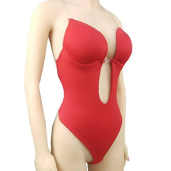 A mannequin displays the Manufacturer Shapewear for Women Plunge Backless Body Shaper, a U-plunge, seamless thong bodysuit with structured cups, thin straps, and a large keyhole cut-out in the front.