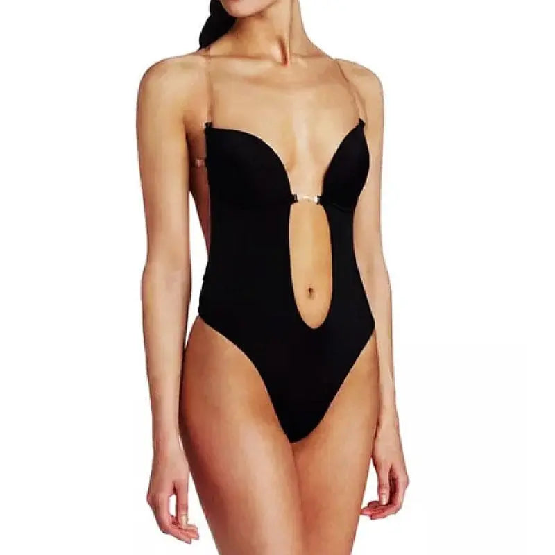 A woman models the Manufacturer Shapewear for Women Plunge Backless Body Shaper, featuring a deep V neckline, thin straps, and front cutout. She stands with arms at her sides, looking slightly away.