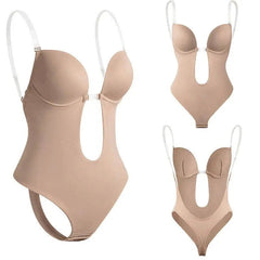 Manufacturer Shapewear for Women Plunge Backless Body Shaper Bra, a beige seamless thong bodysuit with clear adjustable straps, underwire cups, and a front cut-out detail, shown from three angles on a white background.