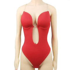 A mannequin displays the Manufacturer Shapewear for Women Plunge Backless Body Shaper, featuring a deep U plunge front, seamless bodysuit design, and thin straps for an invisible, sleek look.