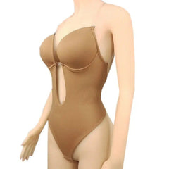 A mannequin showcases the Manufacturer Shapewear for Women Plunge Backless Body Shaper Bra, a beige strapless seamless thong bodysuit with underwire cups—ideal shapewear under low-cut or backless outfits.