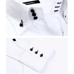 A white long-sleeved dress shirt featuring a unique multi-button collar and cuff design.
