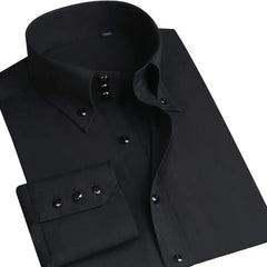 A black long-sleeved button-down shirt with a pointed collar and slim fit design.