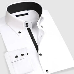 A white long-sleeve button-down shirt with black collar lining and black button accents.