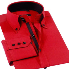 A slim-fit red long-sleeve button-down shirt with a black inner collar and placket trim.