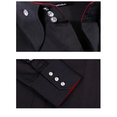 A black long-sleeved button-down shirt featuring decorative crystal buttons on the collar and cuffs.