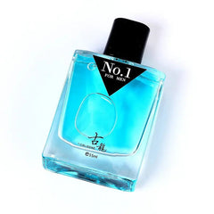 A rectangular glass bottle of blue men's cologne with a black cap and a triangular label.