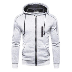 A light gray zip-up hoodie for men featuring a chest pocket and black drawstring details.