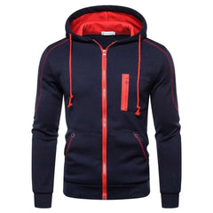 A navy blue zip-up hoodie for men featuring a red hood lining, red zipper, and red accents.