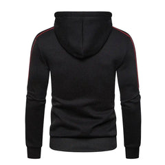 A black men's zip-up hoodie featuring a red stripe detail along the shoulders and sleeves.