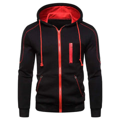 A black zip-up hoodie for men featuring a red inner hood, red drawstrings, and red zipper accents.