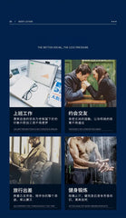 A promotional graphic for men's roll-on cologne showing its use in work, dating, travel, and gym.
