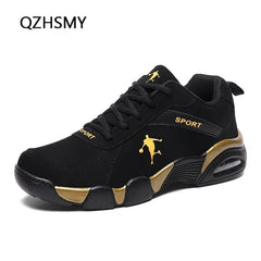 The Men's Sneakers 2022 are black mesh, lightweight, anti-skid casual shoes with gold accents, a basketball player silhouette and SPORT on the side. These lace-up vulcanized sneakers offer comfort and support for all-day wear.