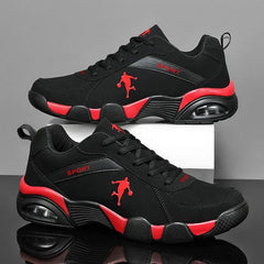 A pair of black mesh Men's Sneakers 2022 with red accents, featuring a basketball player silhouette and SPORT on the side. These lightweight, anti-skid, breathable vulcanized shoes have thick soles and are shown on a gray background.