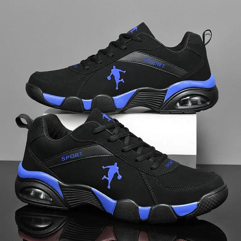 Men's Sneakers 2022: Lightweight black mesh lace-up shoes with blue accents, flat heels, a basketball player silhouette, and "SPORT" on the side; breathable anti-skid casual sports shoes shown on a gray background.