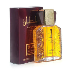 A 100ml bottle of Sultan eau de toilette with a textured glass design next to its maroon box.