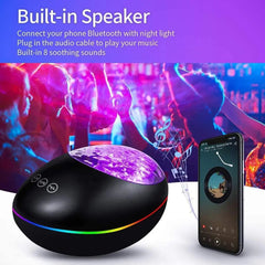 The Music Voice Star Projector Ocean Wave Ceiling Night Light glows with 7 color effects and a galaxy display. It features a built-in speaker, Bluetooth, night light functions, and 8 soothing sounds for relaxing or bedtime.
