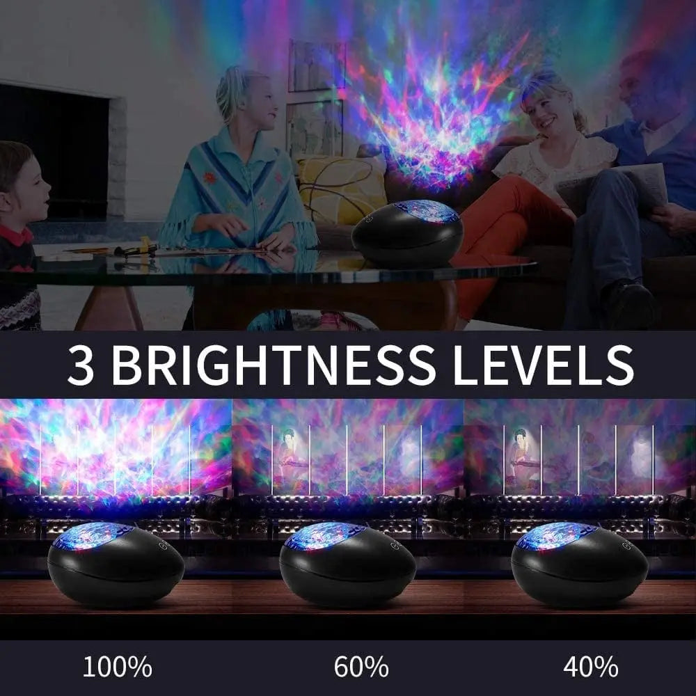 People relax on a couch as the Music Voice Star Projector Ocean Wave Night Light projects colorful skylights onto the ceiling. Three images below show 100%, 60%, and 40% brightness with text: "3 Brightness Levels.