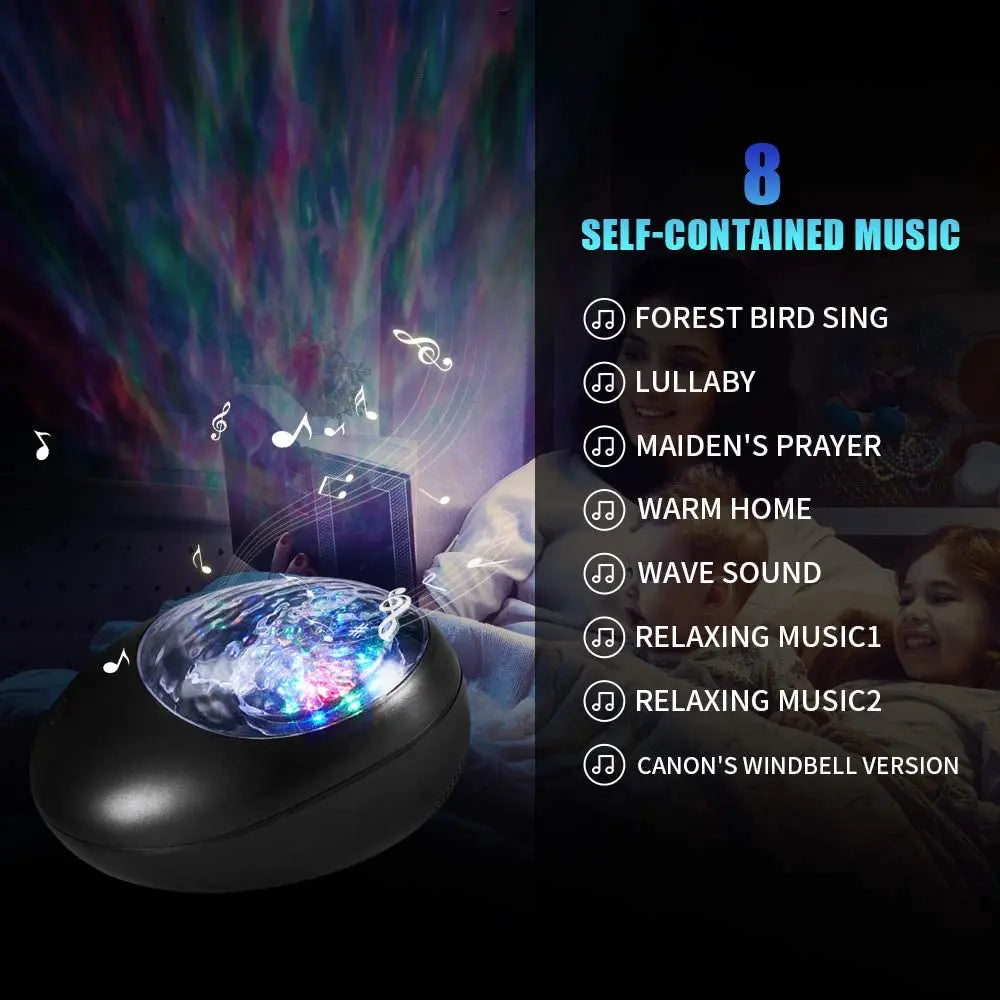 The Music Voice Star Projector Ocean Wave Night Light casts colorful skylight patterns, while blue and white text displays eight music options. A smiling child enjoys the 7-color changing ceiling speaker projector beneath the display.