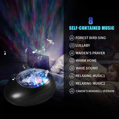 The Music Voice Star Projector Ocean Wave Night Light casts colorful skylight patterns, while blue and white text displays eight music options. A smiling child enjoys the 7-color changing ceiling speaker projector beneath the display.