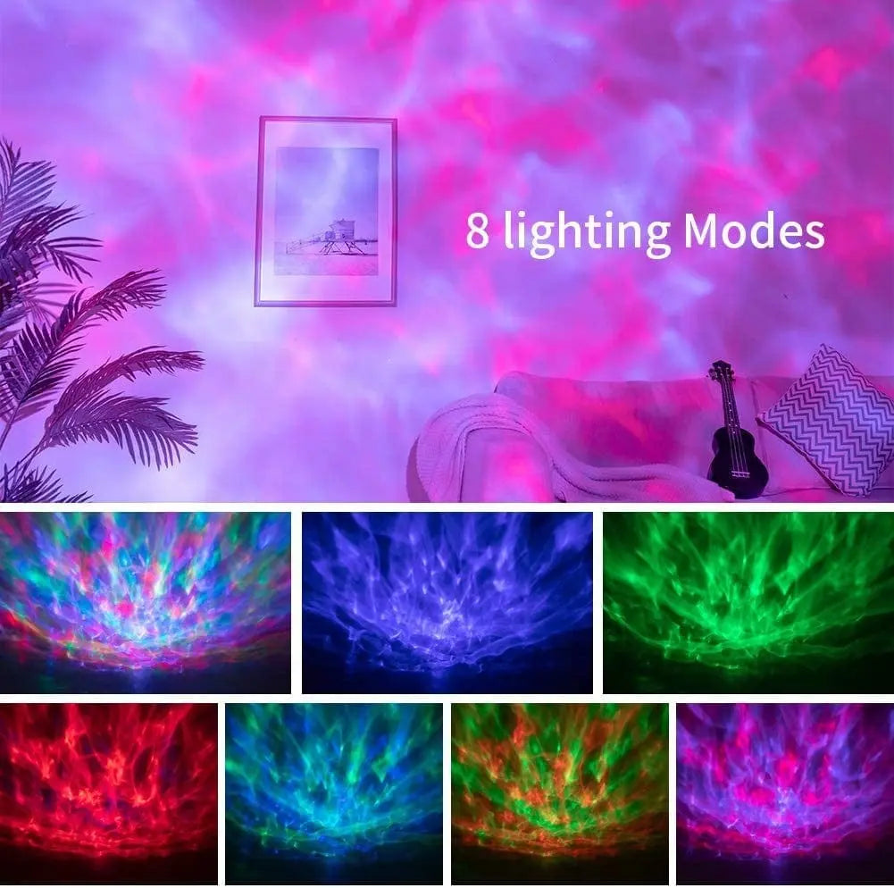 A cozy room with a Music voice Star Projector Ocean Wave Ceiling Night Light, casting 7 color-changing lights on the walls and ceiling. The space has a couch, small guitar, plant, and framed picture, creating a relaxing atmosphere.