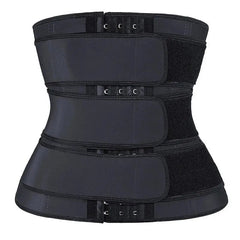 A black waist trainer with three rows of hook-and-eye closures and three adjustable velcro straps.