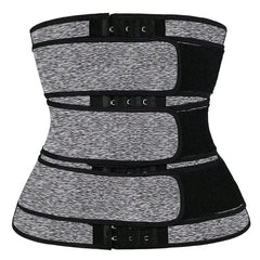 A snow gray waist trainer with three hook-and-eye closures and adjustable velcro straps.