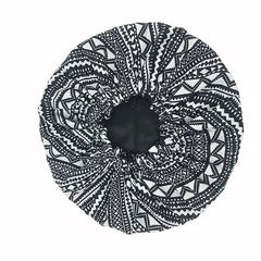 The New African Ankara Pattern Satin Lined Bonnet features a double-layer design, long ribbon headwrap, and geometric black-and-white prints. This big size hair cover for women is shown on a white background.