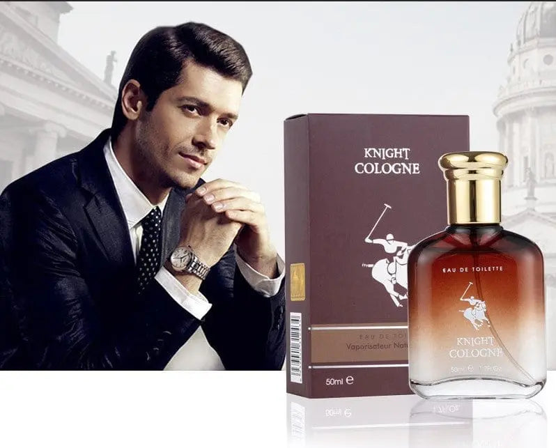 A well-dressed man in a suit sits beside a boxed bottle of New Black Knight perfume Eau De Toilette for men with a gold cap, set against classic architecture—embodying the high standards of professional cosmetics R&D.