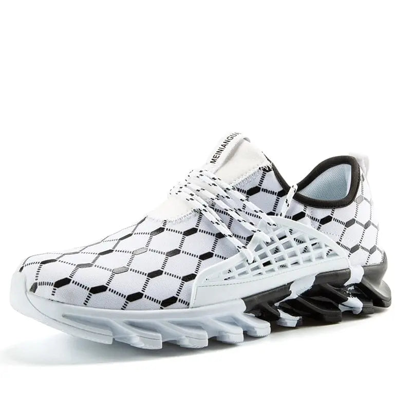 The New Fashion Men Running Shoes feature a white mesh upper with a black hexagonal pattern, black-and-white jagged sole, and white laces. These sporty sneakers are perfect for active lifestyles and casual wear.