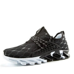The New Fashion Men Running Shoes feature a black mesh upper with a geometric honeycomb pattern, white and black laces, and an angular sole. These modern casual trainers for men are shown on a white background.