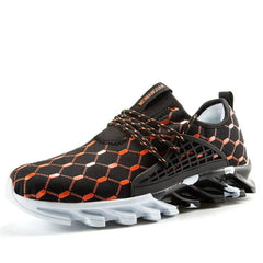The New Fashion Men Running Shoes feature a black mesh design with an orange and gray hexagonal pattern, black and orange laces, and a white and black angular sole for extra support—ideal sports casual trainers for active lifestyles.