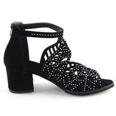 Black faux leather block-heel sandals featuring a cutout design with rhinestone embellishments.