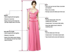 A diagram showing how to measure bust, waist, hips, height, and hollow to floor for a dress.