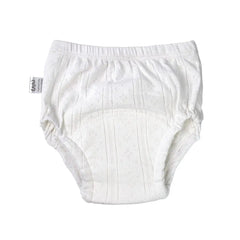 White cotton newborn training pants with a textured pattern and an absorbent crotch panel.
