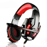 The Ninja Dragon G9300 LED Gaming Headset features cushioned ear pads, a noise-canceling microphone, customizable LED lighting on the ear cups, and a bold black and red angular design.