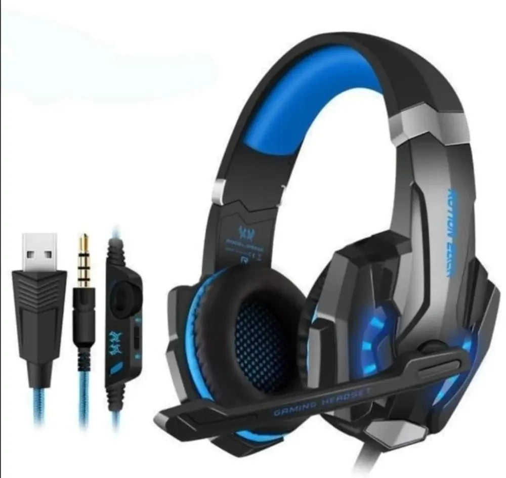 The Ninja Dragon G9300 LED Gaming Headset features black and blue design, customizable LED lights, padded ear cups, noise-canceling mic, volume control, USB connector, and a 3.5mm audio jack for versatile connectivity.