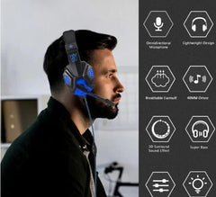 A man in profile wears the Ninja Dragon G9300 LED Gaming Headset, with icons highlighting its customizable LED lighting, lightweight build, breathable earmuffs, 40mm drivers, immersive 3D sound, super bass, and noise-canceling mic.