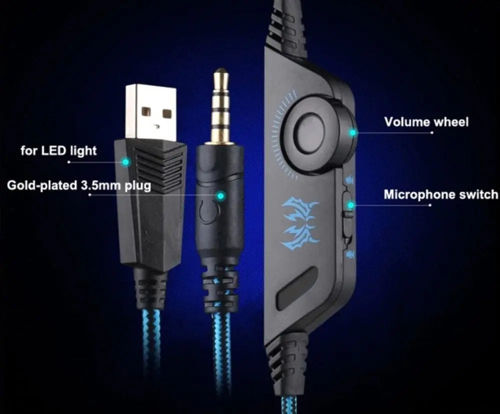 Close-up of the Ninja Dragon G9300 LED Gaming Headset cable showing a USB plug for LED lighting, gold-plated 3.5mm jack, control unit with volume wheel and mic switch, plus blue braided wiring. Each part is labeled.