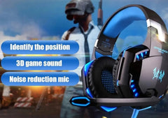 The Ninja Dragon G9300 LED Gaming Headset is shown in front with customizable LEDs, while a blurred video game character appears behind. Text highlights its position identification, 3D game sound, and noise-canceling microphone features.