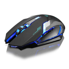 The Ninja Dragon Stealth 7 Wireless Silent LED Gaming Mouse is a sleek black mouse with blue LEDs, a 1600DPI sensor, multiple buttons, and an illuminated scroll wheel, shown against a white background.