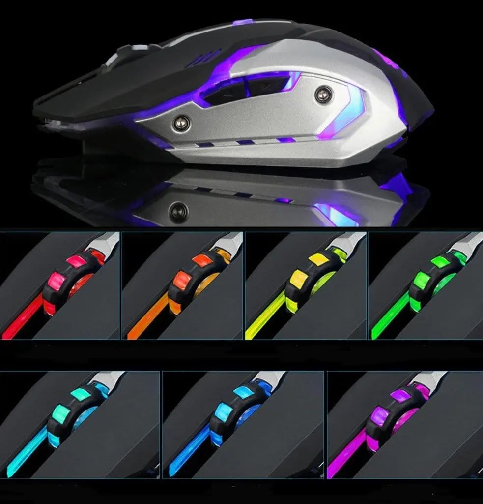 The Ninja Dragon Stealth 7 Wireless Silent LED Gaming Mouse features multicolor illuminated lights. Side view shown above; close-ups below highlight the glowing scroll wheel in red, orange, yellow, green, blue, and cyan.