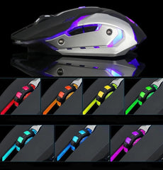 The Ninja Dragon Stealth 7 Wireless Silent LED Gaming Mouse features multicolor illuminated lights. Side view shown above; close-ups below highlight the glowing scroll wheel in red, orange, yellow, green, blue, and cyan.