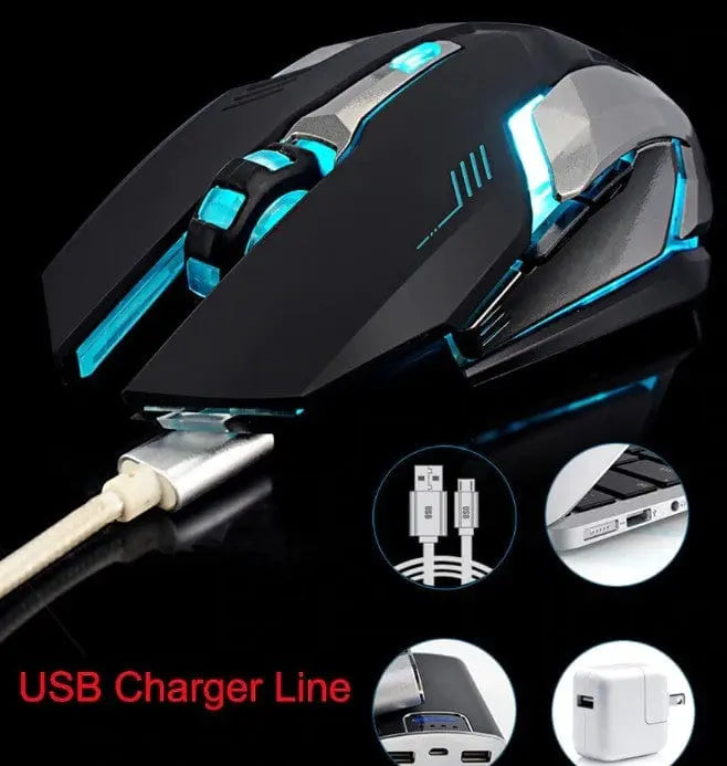 A Ninja Dragon Stealth 7 Wireless Silent LED Gaming Mouse with blue lights is connected to a USB charger. Inset images show the USB cable, charging port, laptop connection, and power adapter. "USB Charger Line" is displayed in red text.