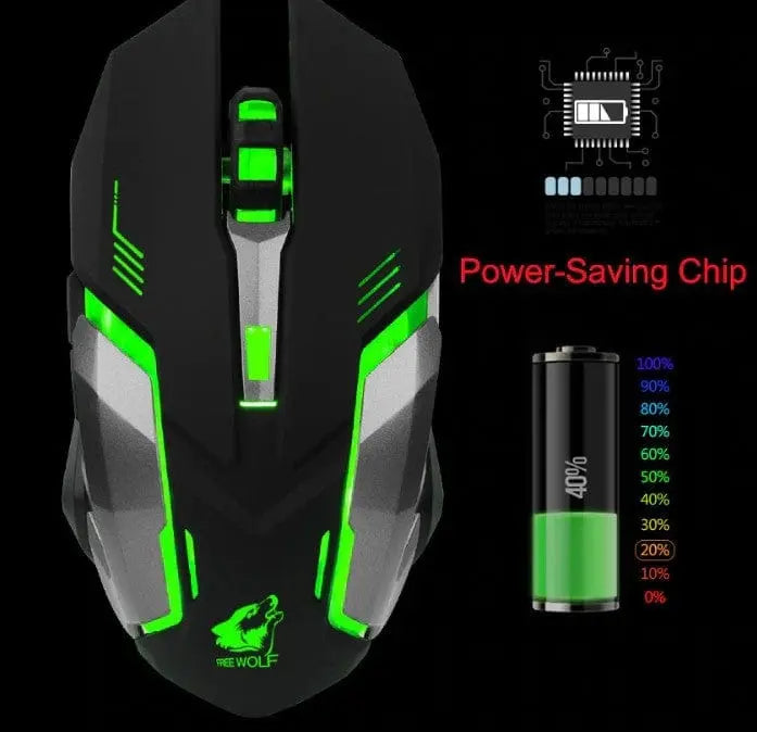 The Ninja Dragon Stealth 7 Wireless Silent LED Gaming Mouse in black and silver features green LED lights. Graphics show a power-saving chip, 40% battery charge, and highlight energy efficiency with its 1600DPI gaming sensor.